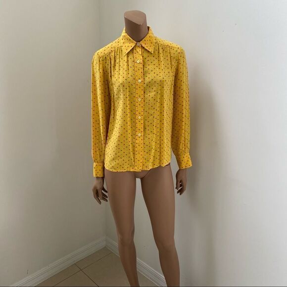 Celine Paris Vintage Yellow Silk Floral Blouse M - Picture 4 of 11